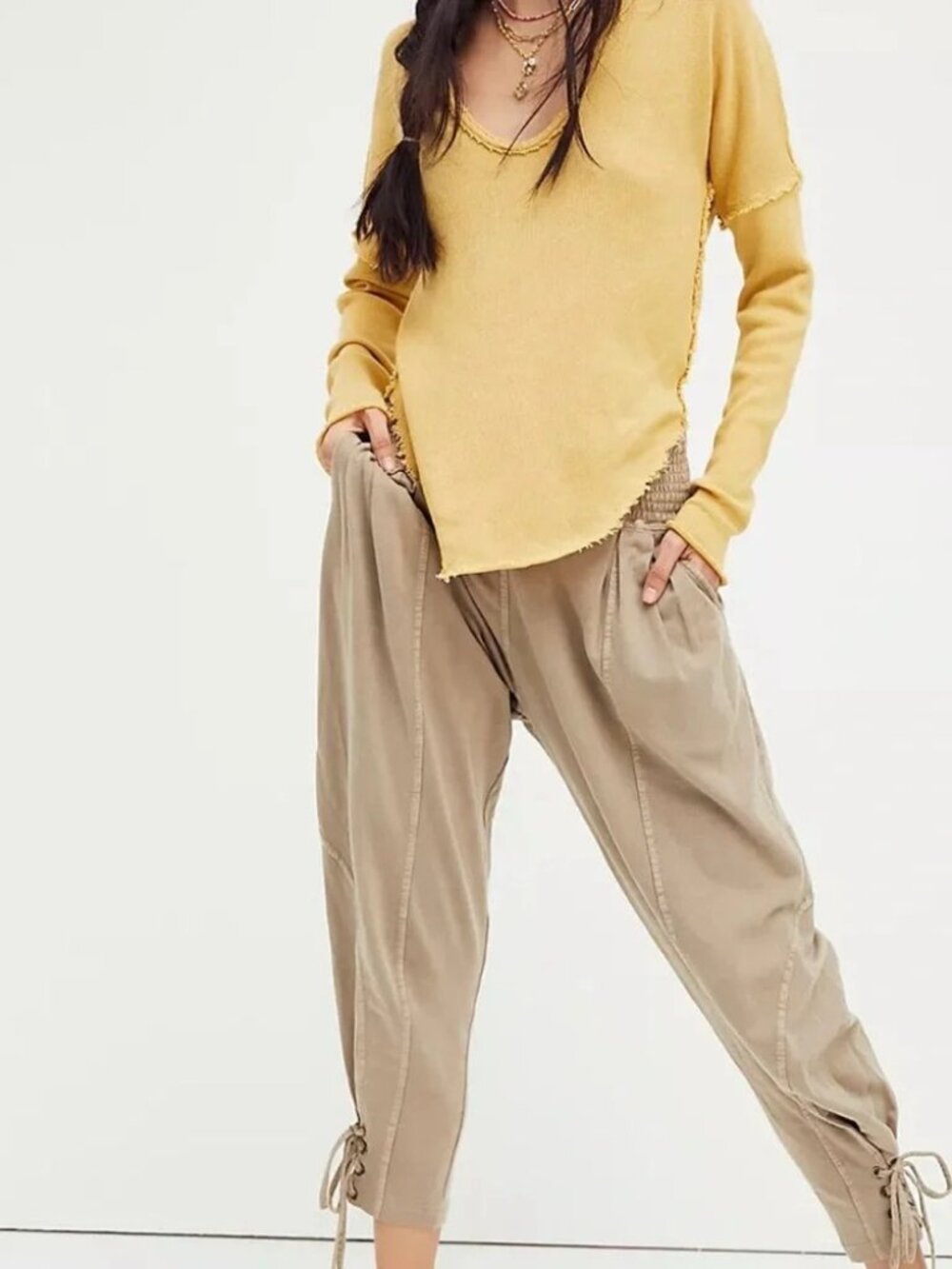 Free People One Billie Pants Tan Drawstring Ankle Joggers Size Medium